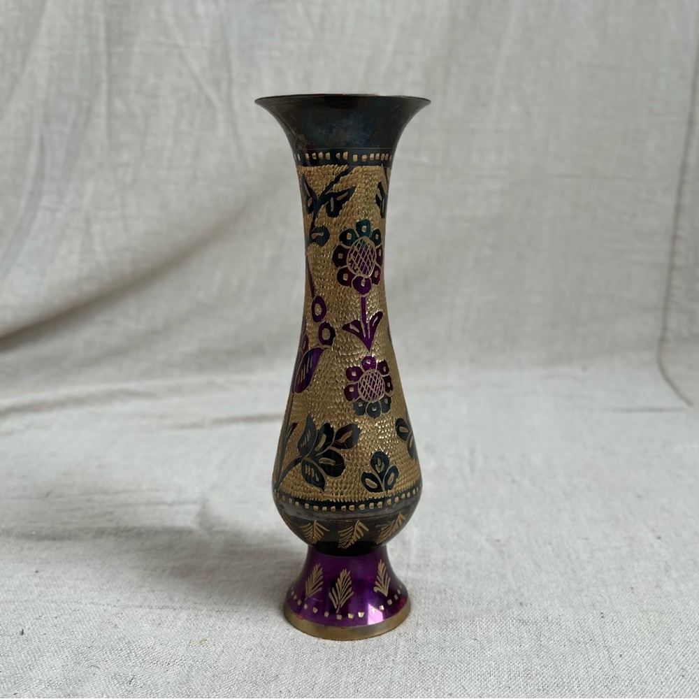 Colorful Etched Brass Vase